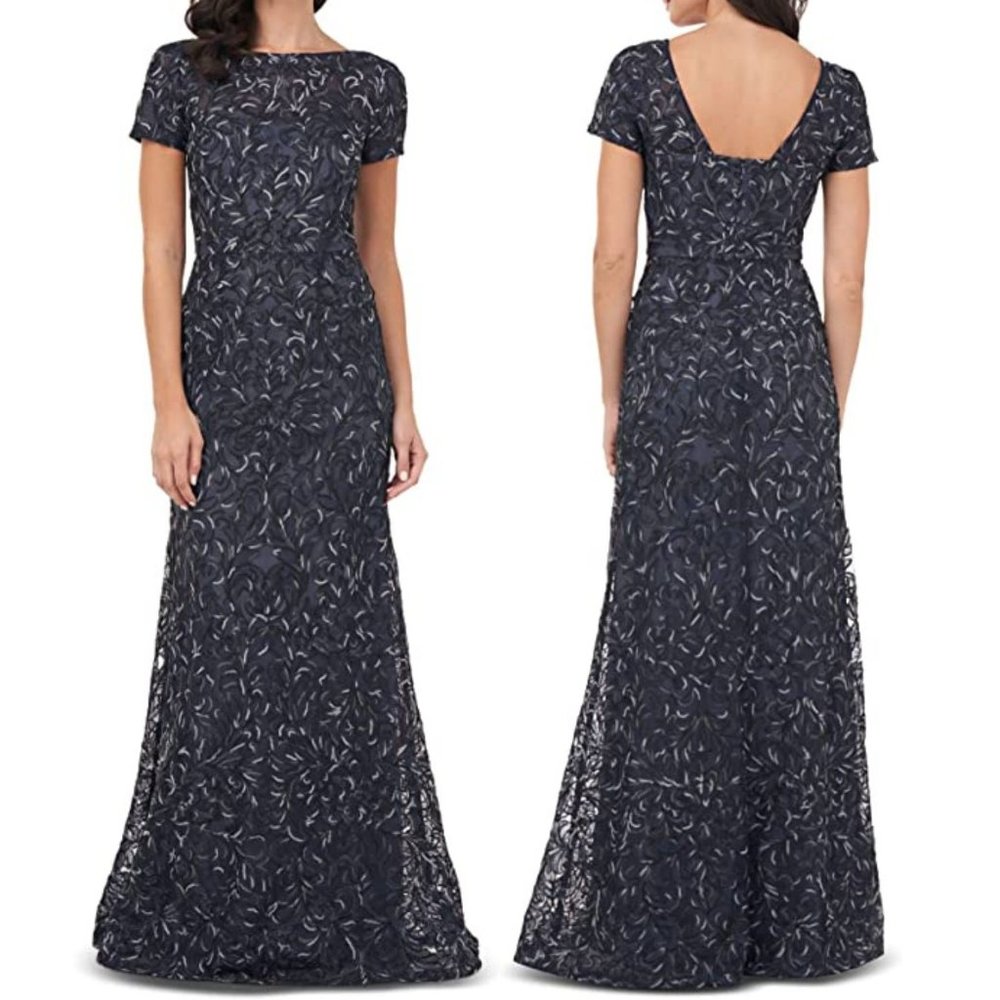 JS Collection Navy Zippered Embroidered Gown Size 10